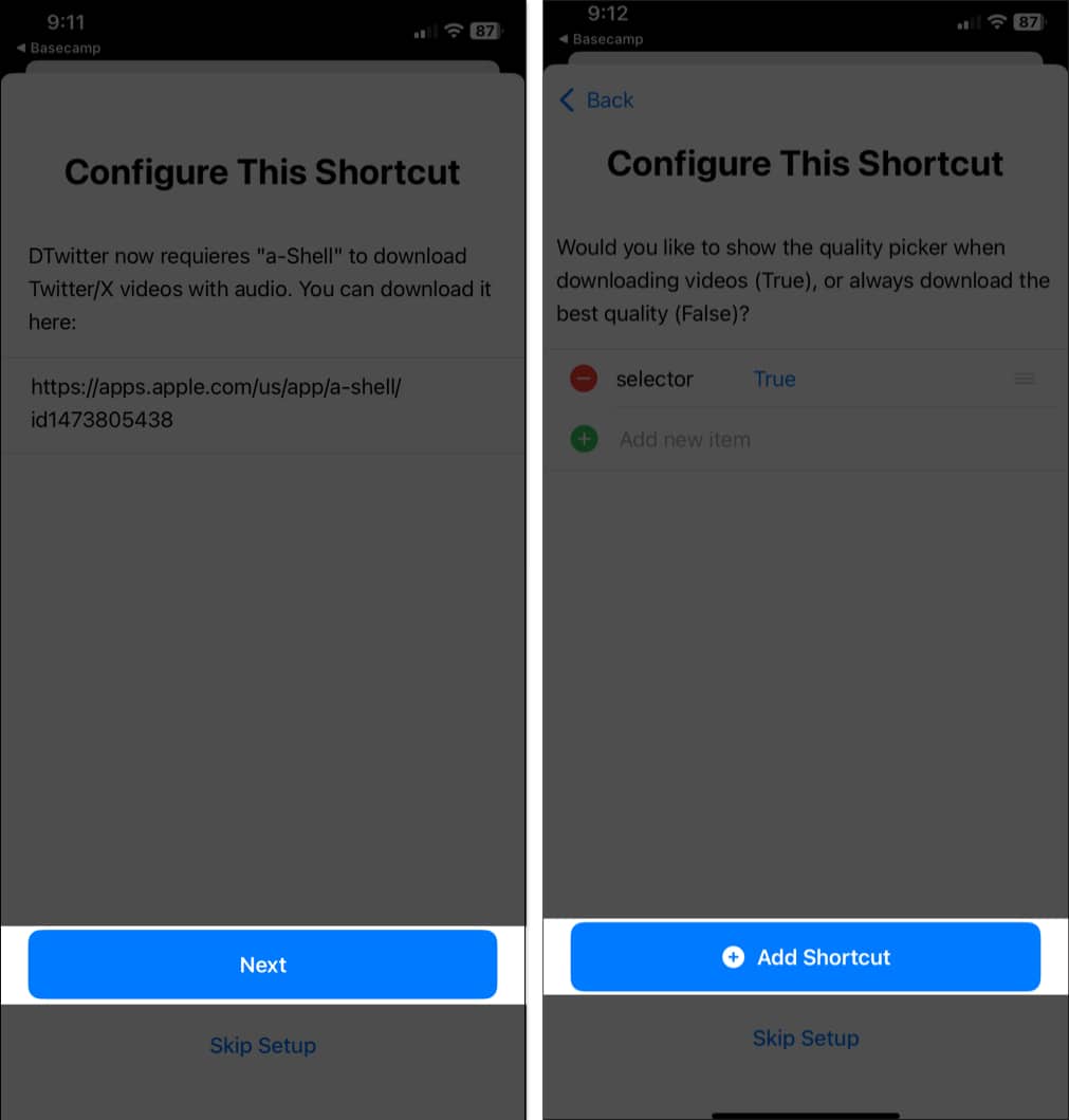 Configure This Shortcut screen for the DTwitter shortcut.