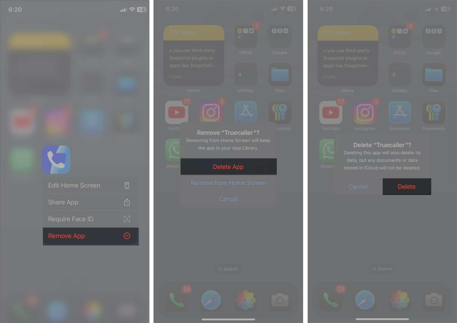 Delete pop-up on iPhone Home Screen confirming app deletion.