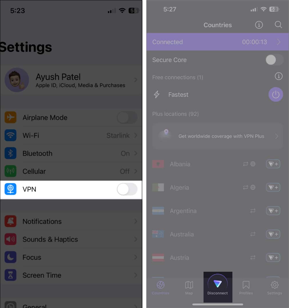 Options to disable VPN in iPhone Settings and a VPN app.