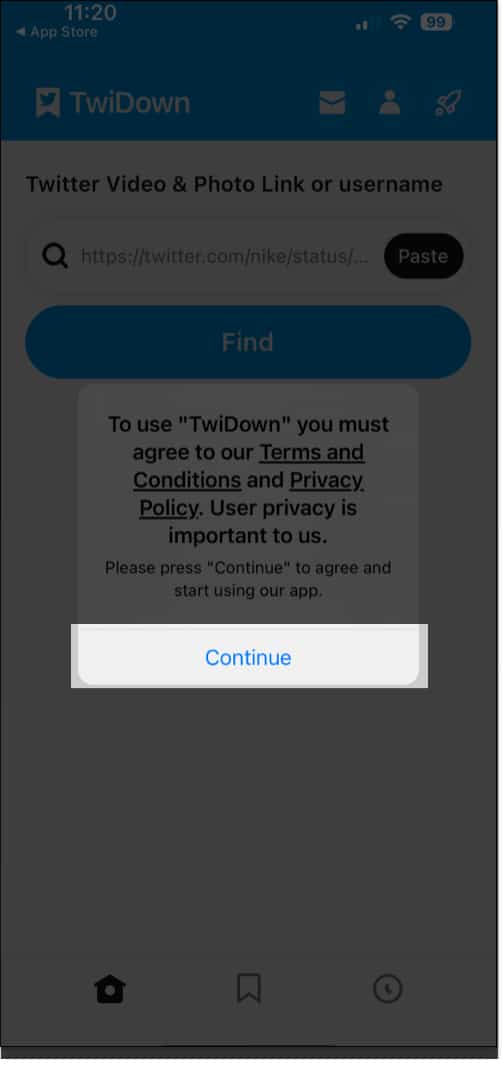 TwiDown app T&C prompt.