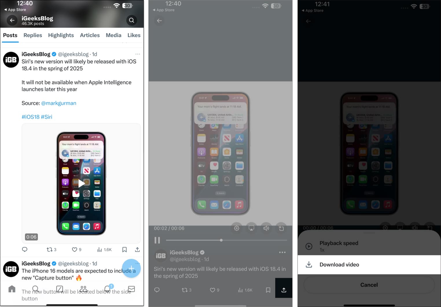 Download Video option in the Twitter app on an iPhone.