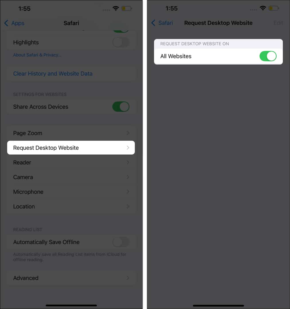 Request Desktop Website and All Websites toggles in the Settings app on an iPhone.