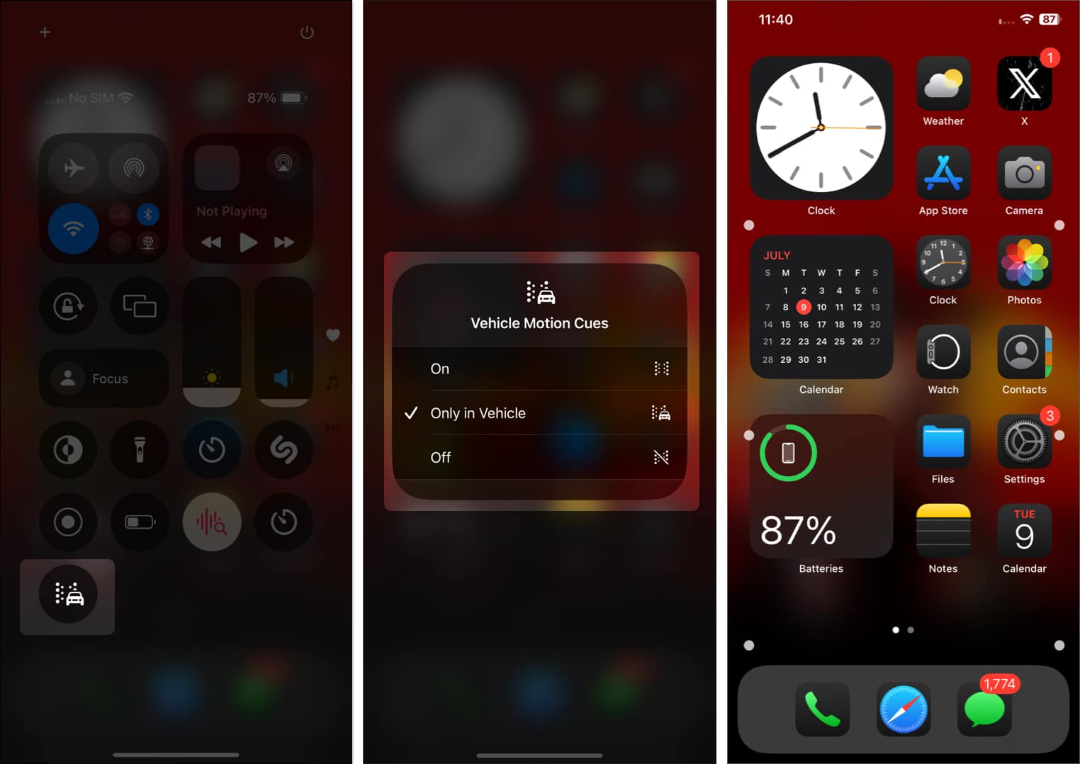 Vehicle Motion Cues tile with multiple options in iOS Control Center on an iPhone.