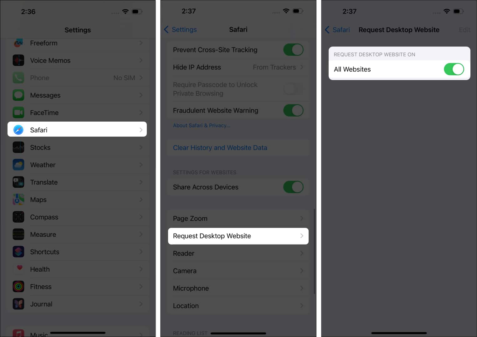 Request Desktop Website option in iOS 17 Settings app.