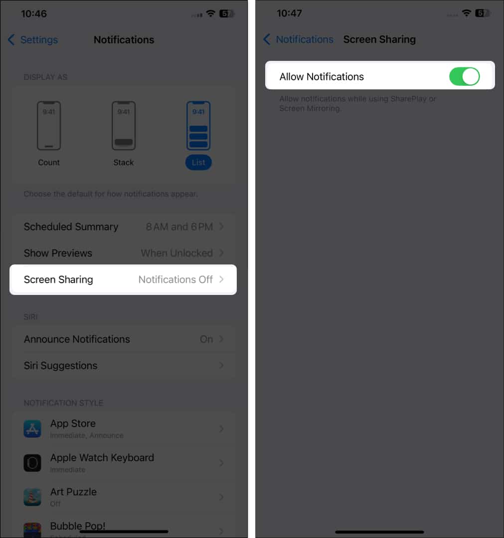 Screen Sharing notifications settings in the Settings app on an iPhone.