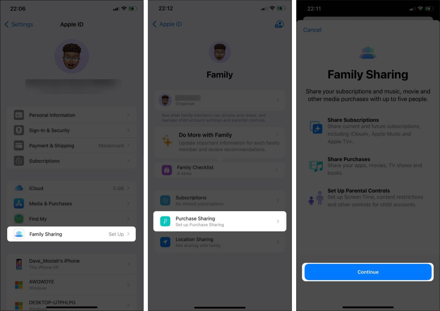 Family Sharing page in iPhone Settings app.
