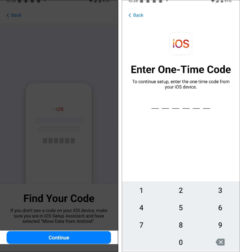 Entering one-time code on the Move to iOS app on an Android phone.