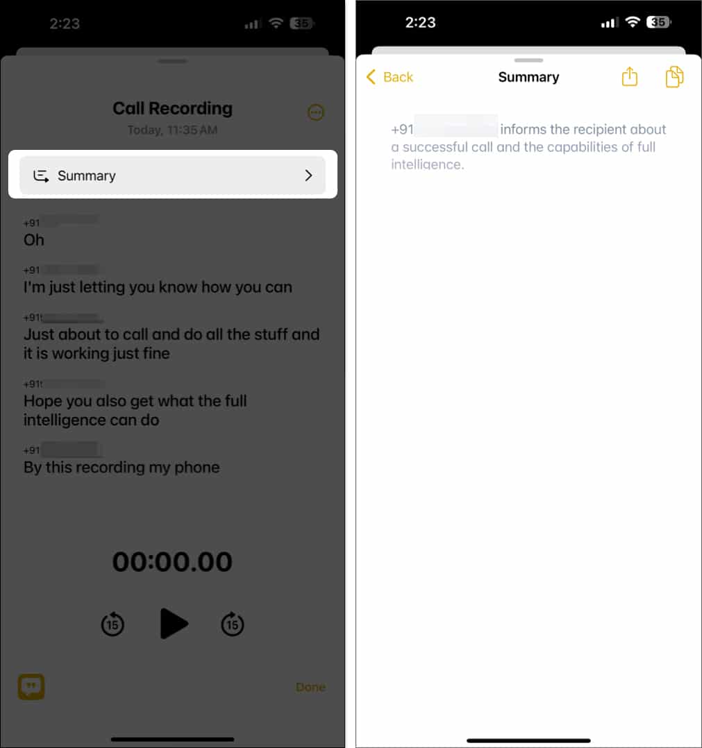 Summary of a call recording in the iPhone Notes app on iOS 18.1 beta 1.