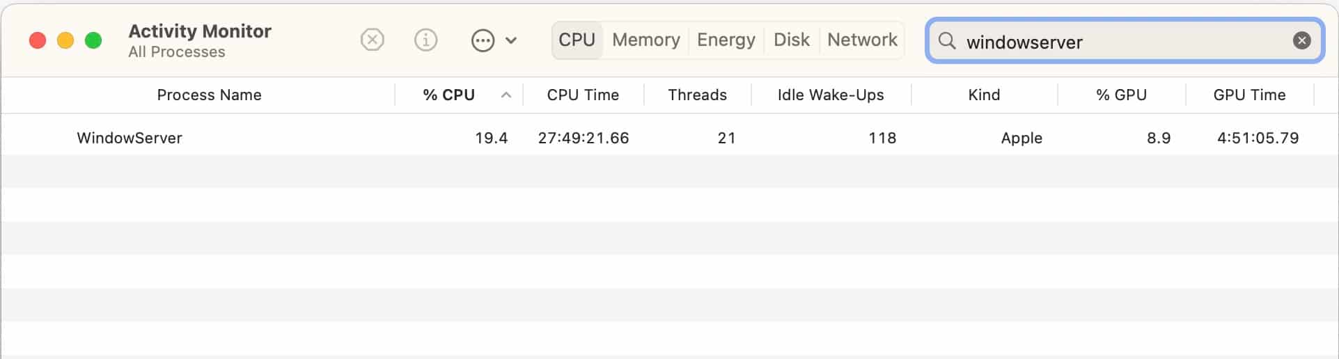 Search result for the WindowServer process in the Mac Activity Monitor app.