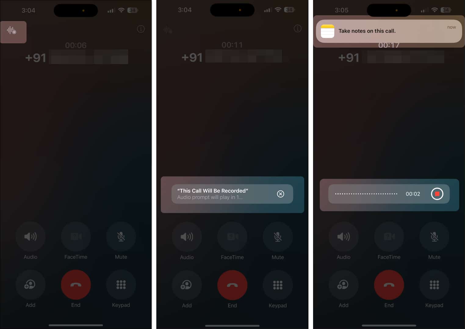 Recording a phone call via the Phone app on an iPhone in iOS 18.1.