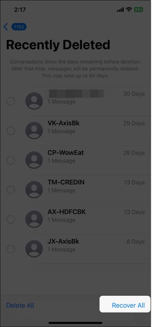 Recover All button on the Recently Deleted page in the iPhone Messages app.