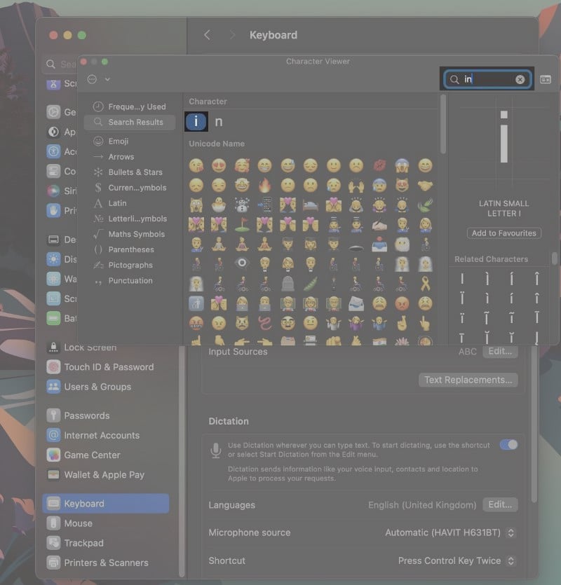 Searching for inverted exclamation in the Character Viewer window on a Mac.