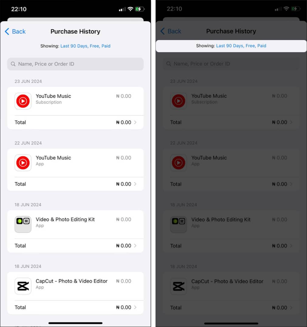 Purchase History with a list of App Store purcahses from the last 90 days on an iPhone.