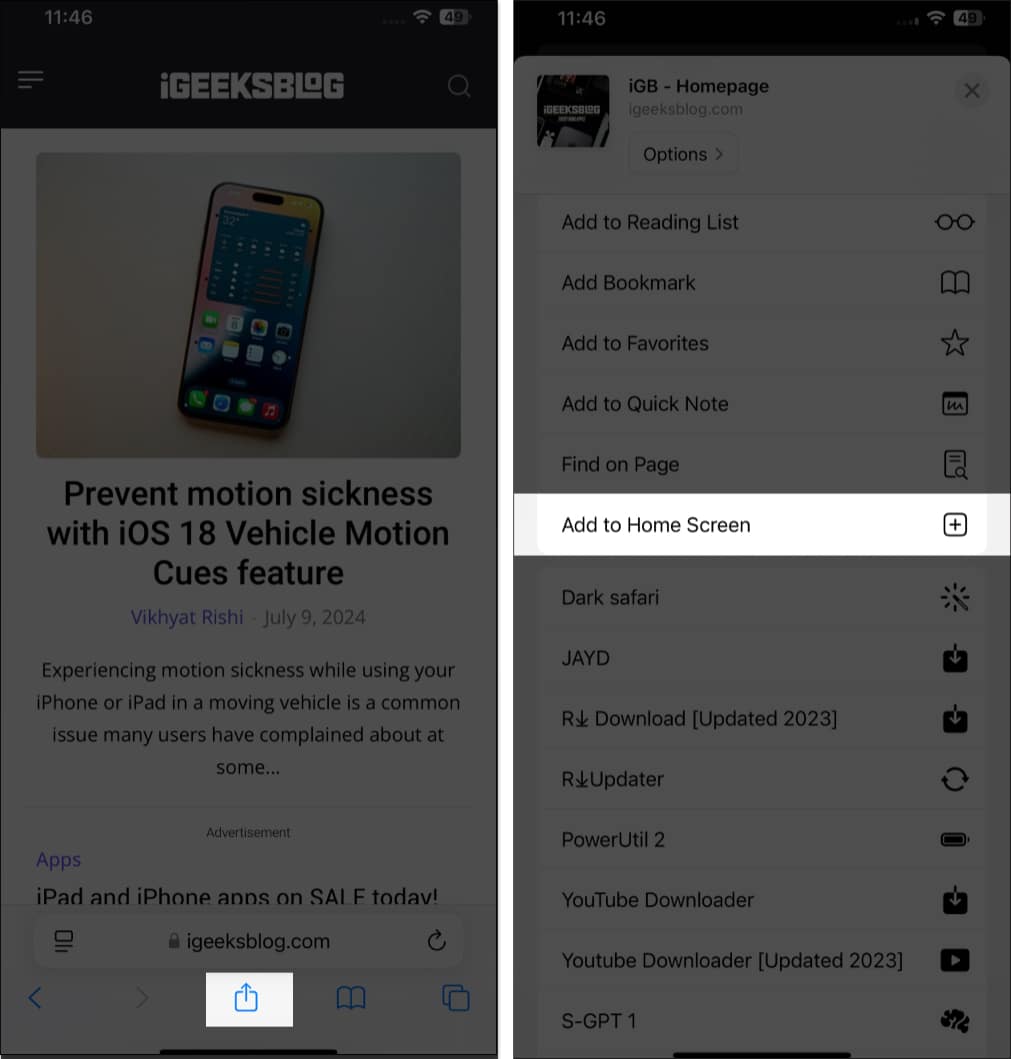 Add to Home Screen in Safari Share Sheet on iOS.