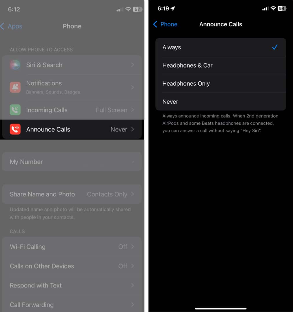 Announce Calls option in iOS 18 iPhone Settings app.