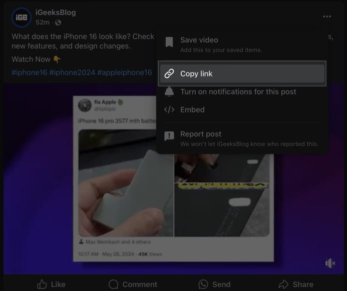 Copy Link button under a video on the Facebook website.