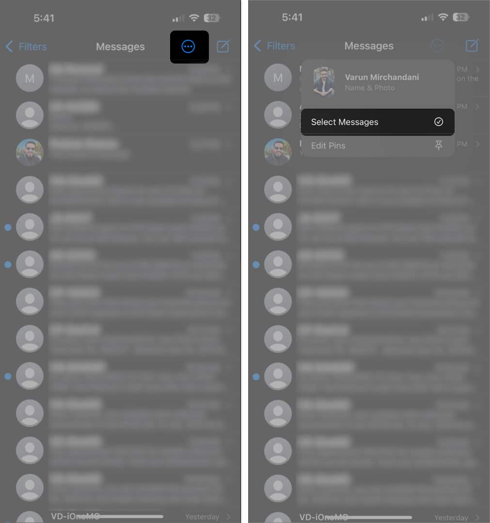 Select Messages option from the More menu in the iPhone Messages app.