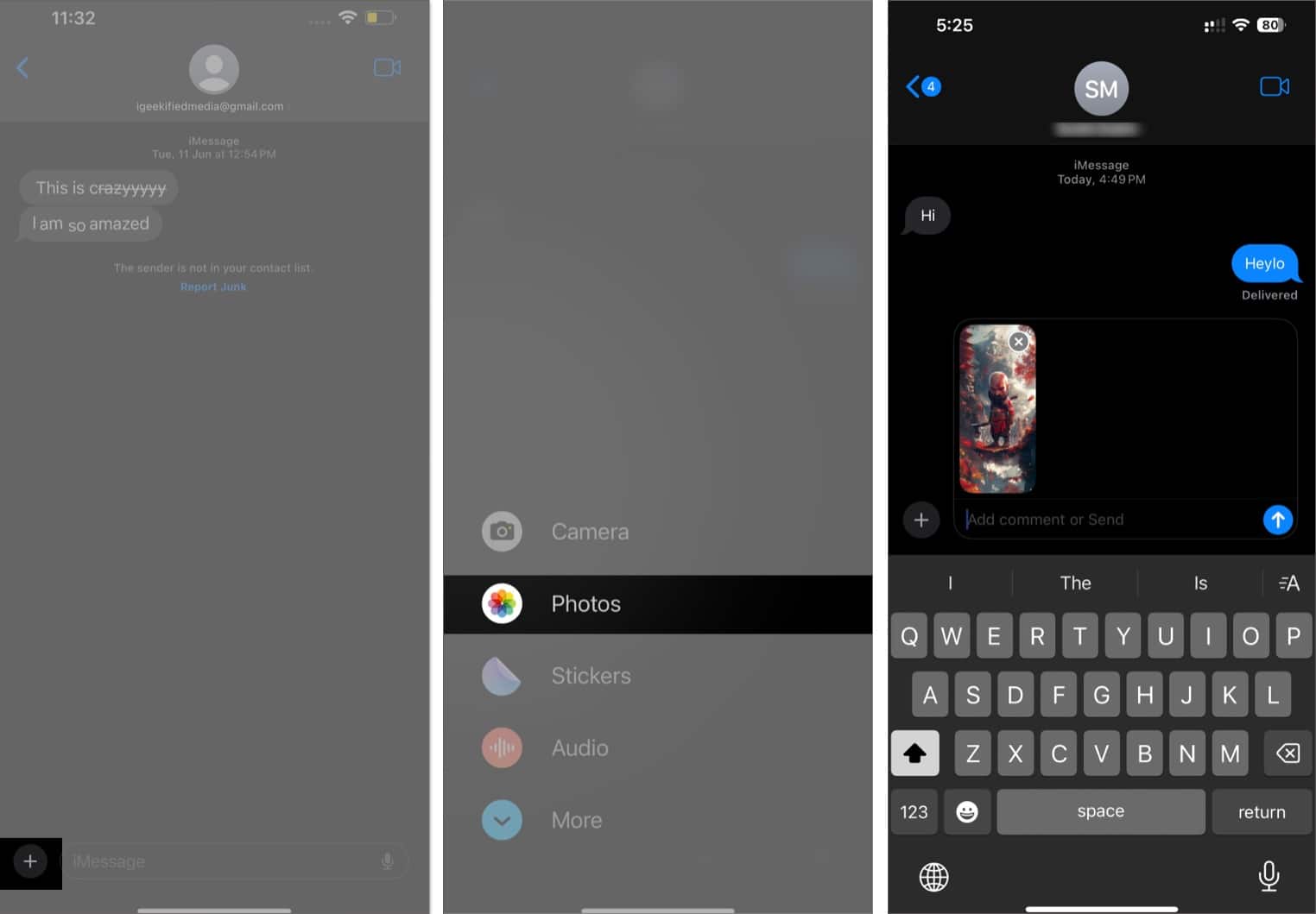 Using the Photos option to add a photo to a message in the iOS Messages app.