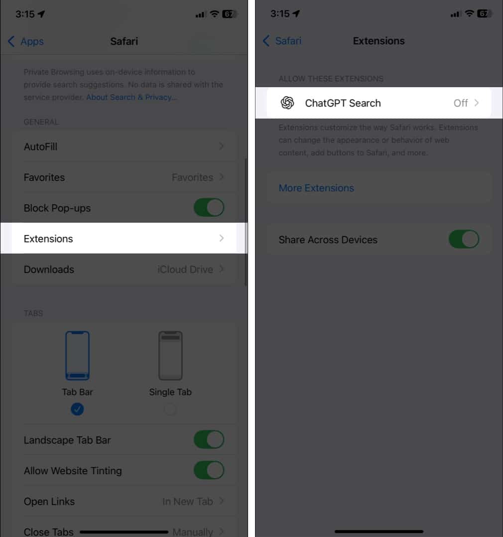 Select Safari tap Extensions and choose ChatGPT Search Extension.