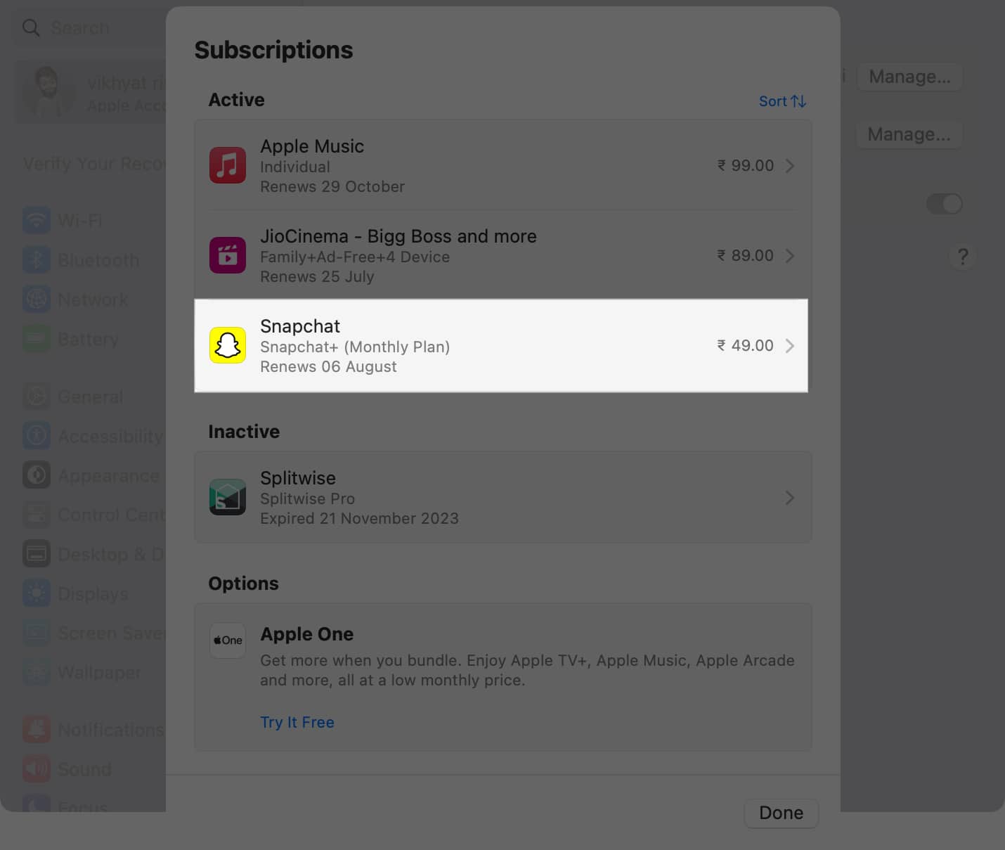 Active subscription details in System Settings on a Mac.