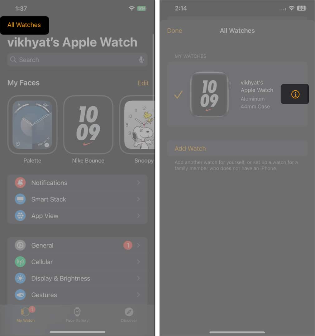 i button to view more details about the paired Apple Watch in the Watch app on an iPhone.