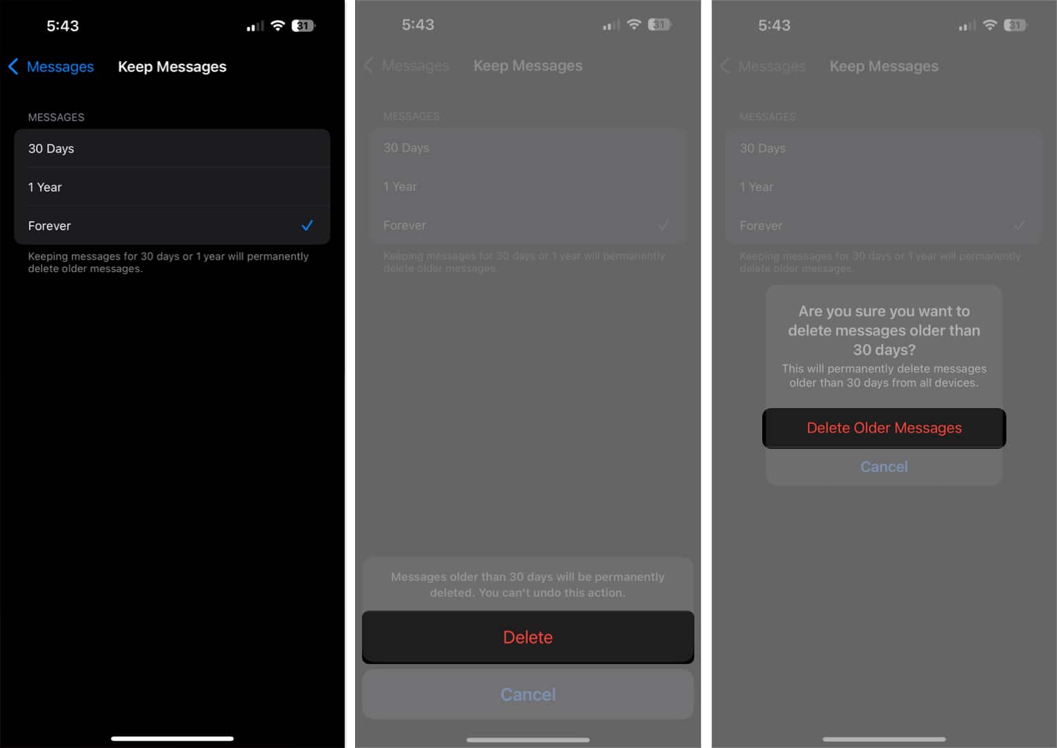 Keep Messages screen with different time frame options to delete messages automatically.