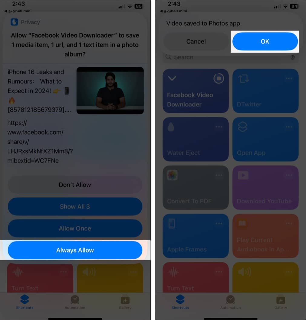 Facebook Video Downloader shortcut asking for access to the iOS Photos app.