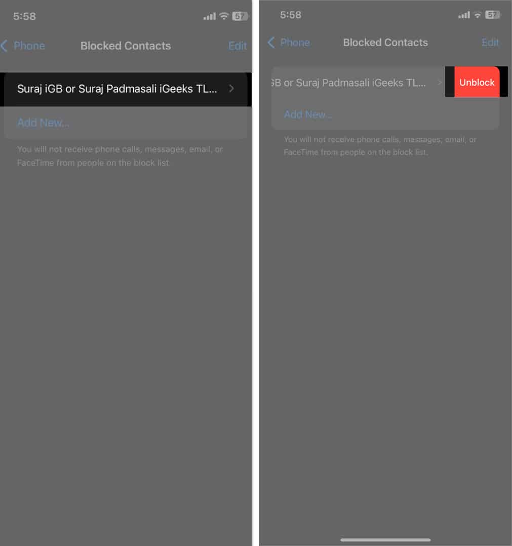 Unblock option on Blocked Contacts page in iPhone Settings app.