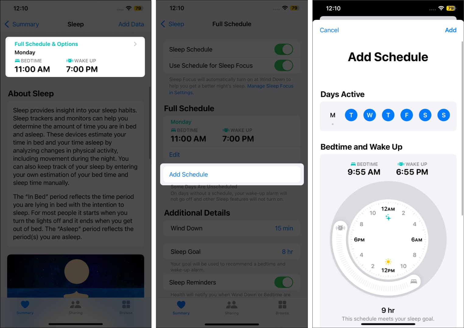 Adding a new Sleep Schedule in the Watch app on an iPhone.