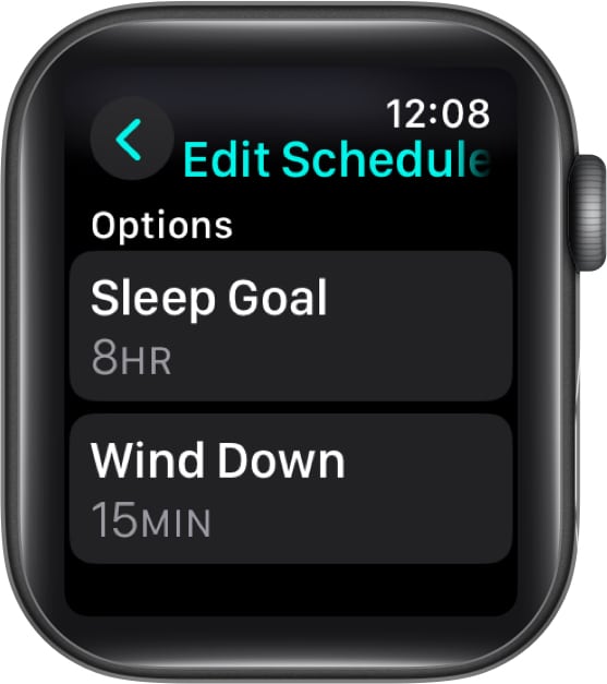 Adjusting Sleep Goal and Wind Down on an Apple Watch.