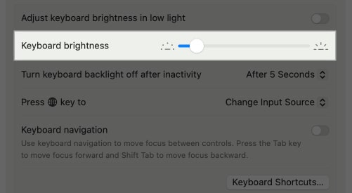 Keyboard Brightness option in macOS System Settings.