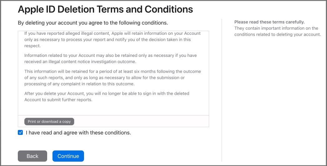 Agreeing to Apple ID deletion terms and conditions to continue deletion.