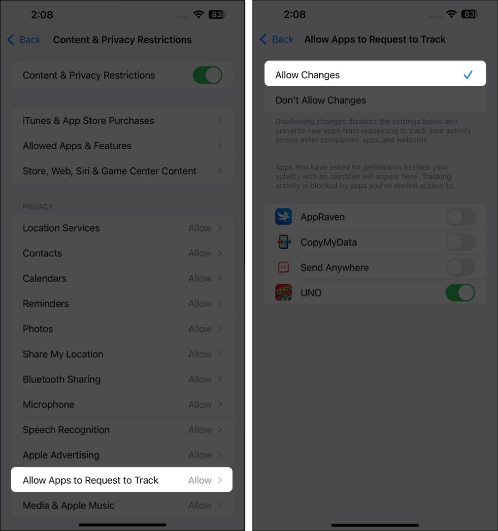 Selecting the Allow Changes option to allow apps to request to track on an iPhone.