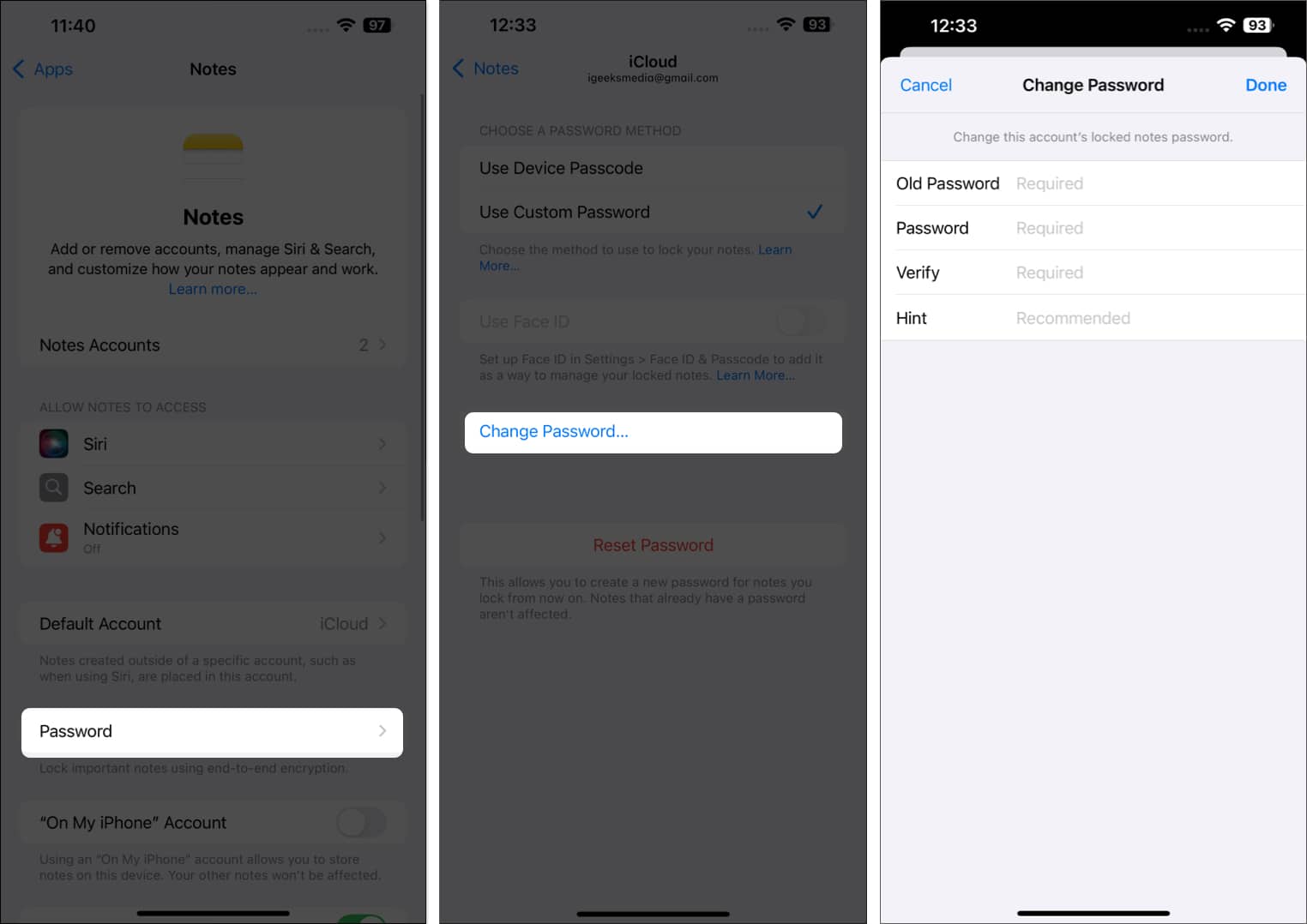 Changing the Notes password on an iPhone.