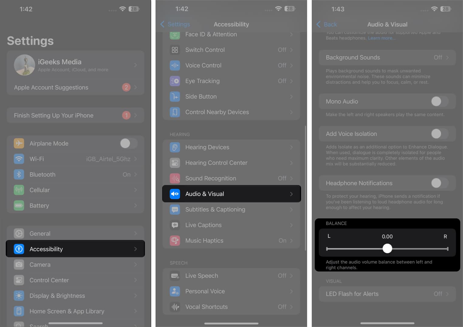 Adjusting the stereo balance setting for AirPods in iPhone Settings app.
