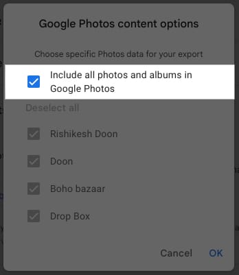 Google Photos Content Options prompt on Google Takeout.