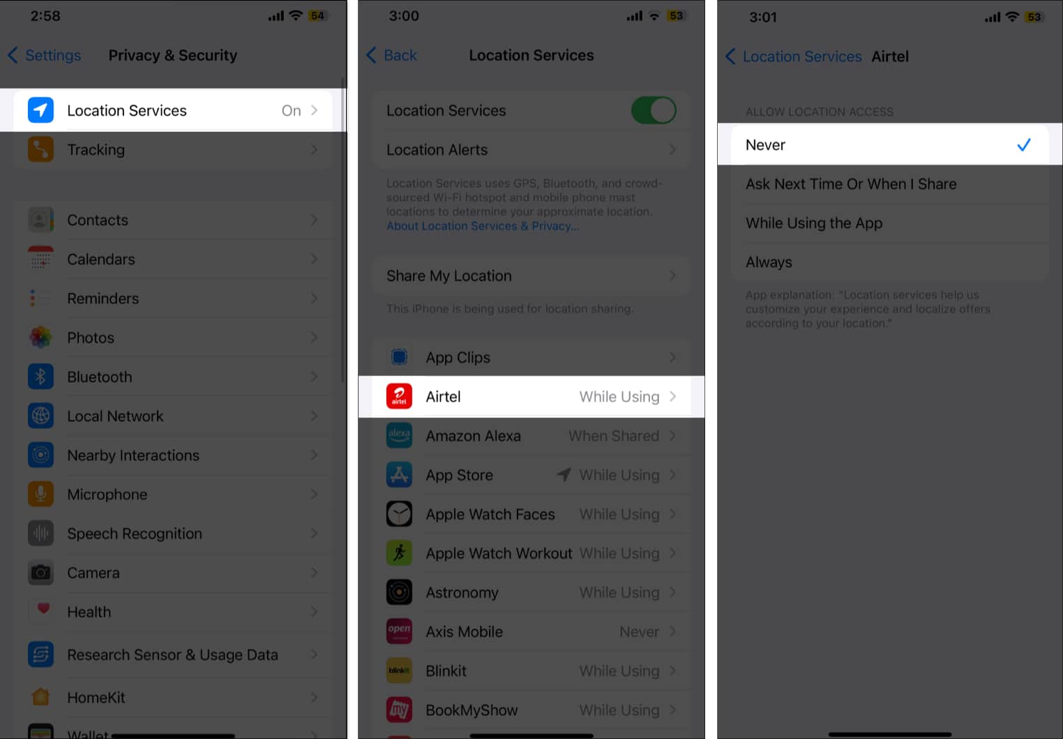Disabling Location Service access for an app on an iPhone.