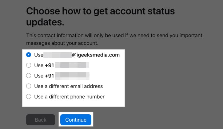 Choosing how to receive status updates for Apple ID deletion request.