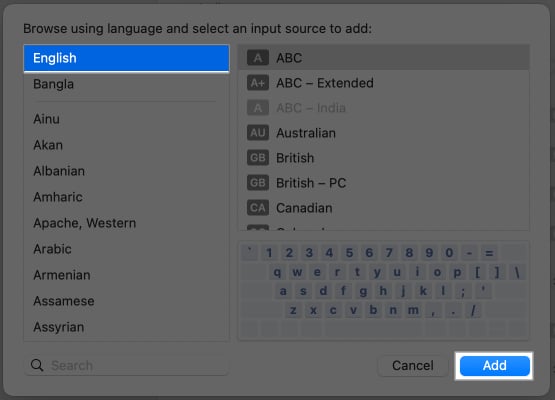 Selecting the language and keyboard layout in macOS System Settings.
