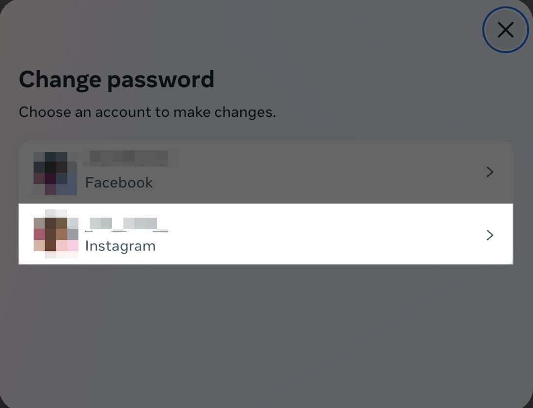 Choosing an Instagram account to change its password on the desktop.