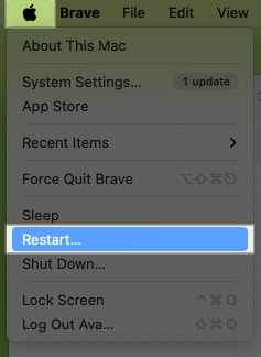 Restart option in the Apple menu bar on a Mac.