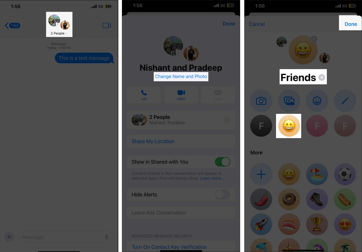 Changing iMessage group chat name and icon on an iPhone.