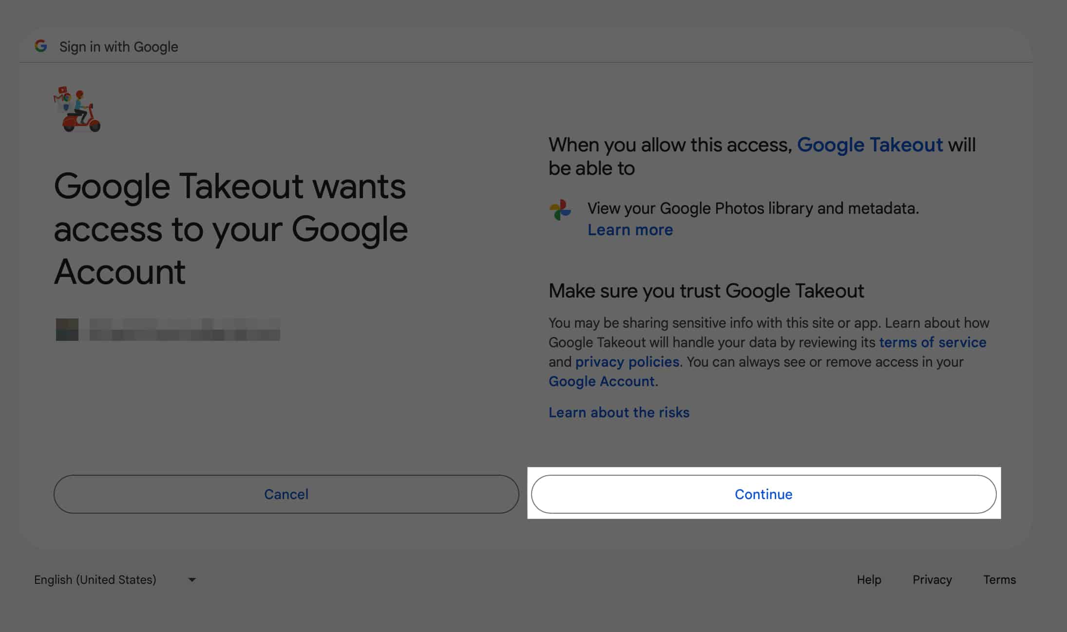 Granting Google Takeout access to a Google account.
