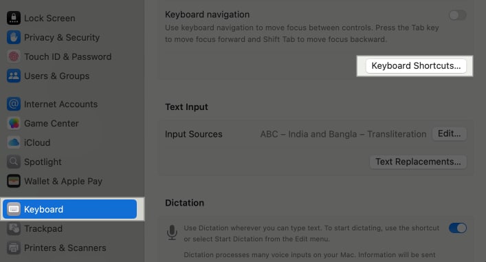 Keyboard Shortcuts option under Keyboard settings on a Mac.