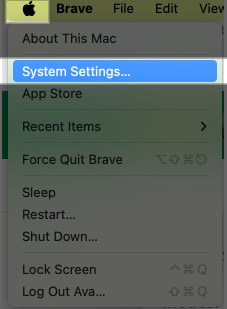 System Settings option in the Apple menu bar on a Mac.