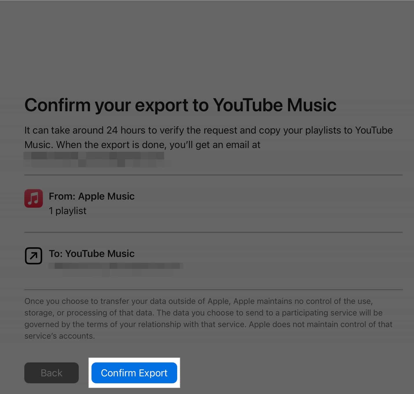 Confirming transfer of playlists from Apple Music to YouTube Music.