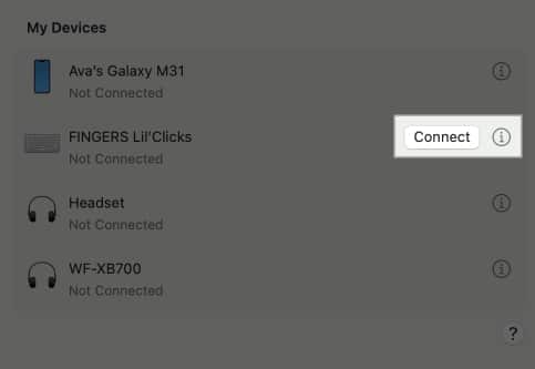 Connecting to an external keyboard in macOS System Settings.
