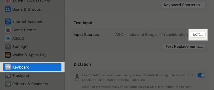 Edit option under the Keyboard settings on the macOS System Settings app.