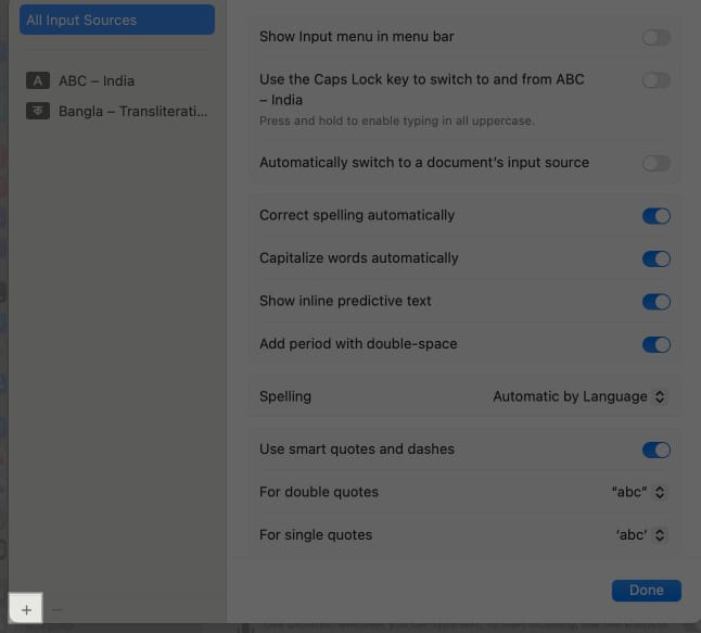 Adding a new input source in macOS System Settings.