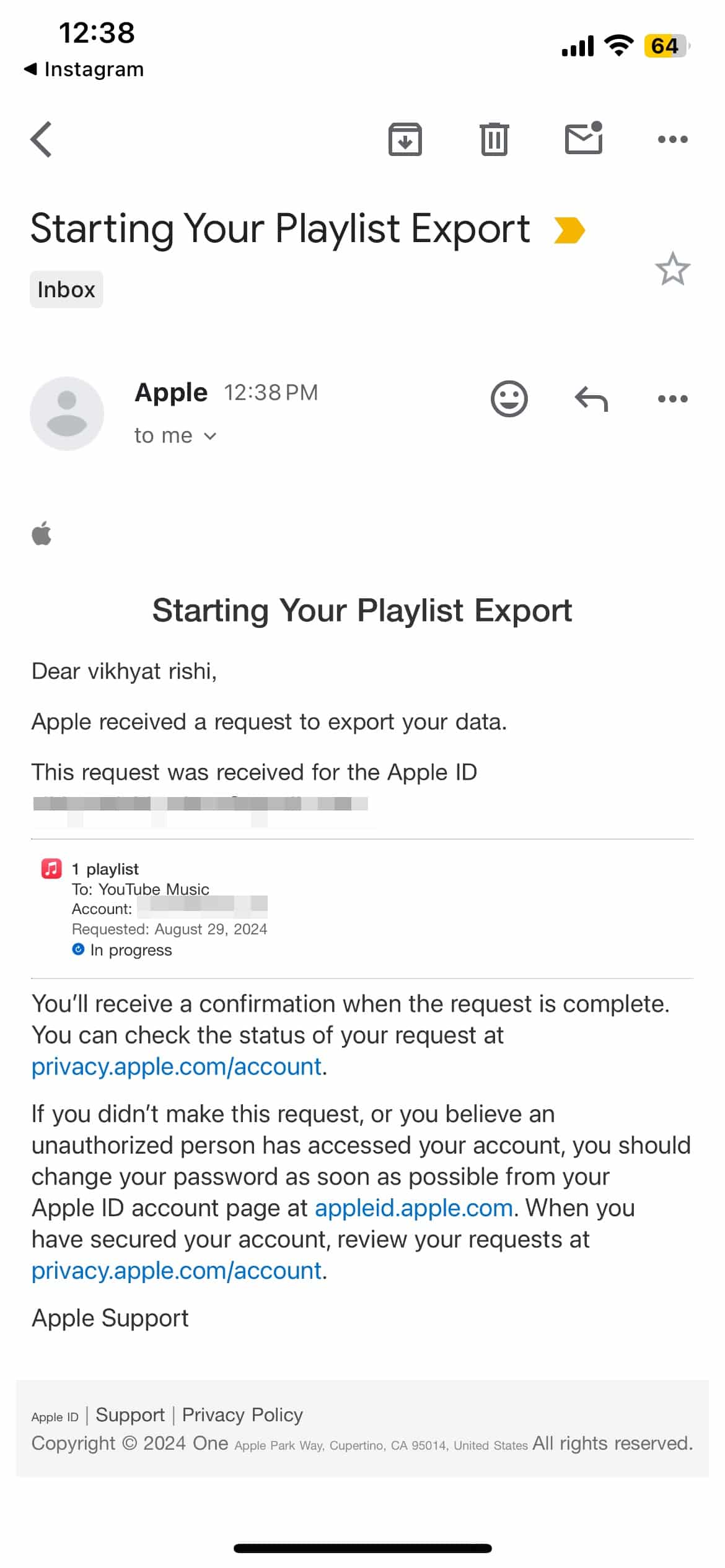 Confirmation email from Apple for the playlist transfer request.